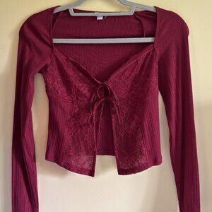 Garage Front Fly Away Lace Rib Long Sleeve Top - Size XS - Dark Red